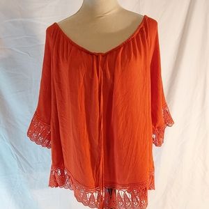 Cato Women Plus Crocheted Trim Top. Orange on or off shoulder Top